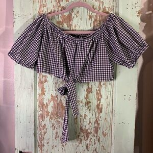 Women’s Forever 21 off the shoulder navy blue & white gingham crop top